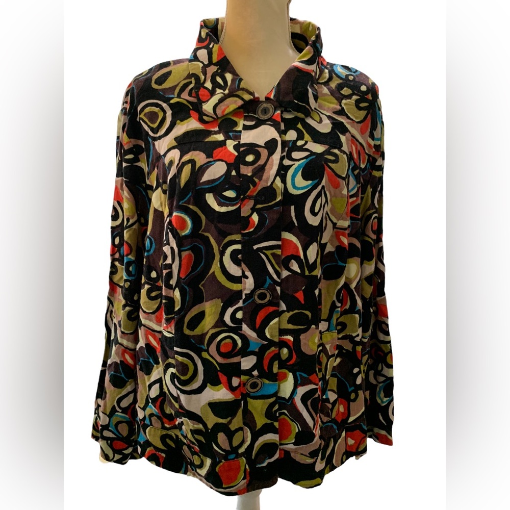 RQT Womens Colorful Bold Button Front Blouse 2XL Linen Rayon Blend Abstract